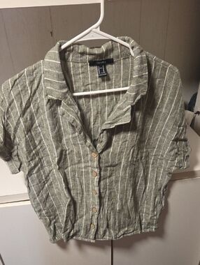 H&M Striped Linen-Blend Button Front Top in Olive Green